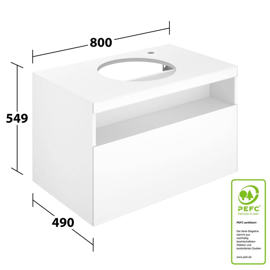 Stageline vanity base (with tap hole) for ceramic countertop washbasin, 800mm