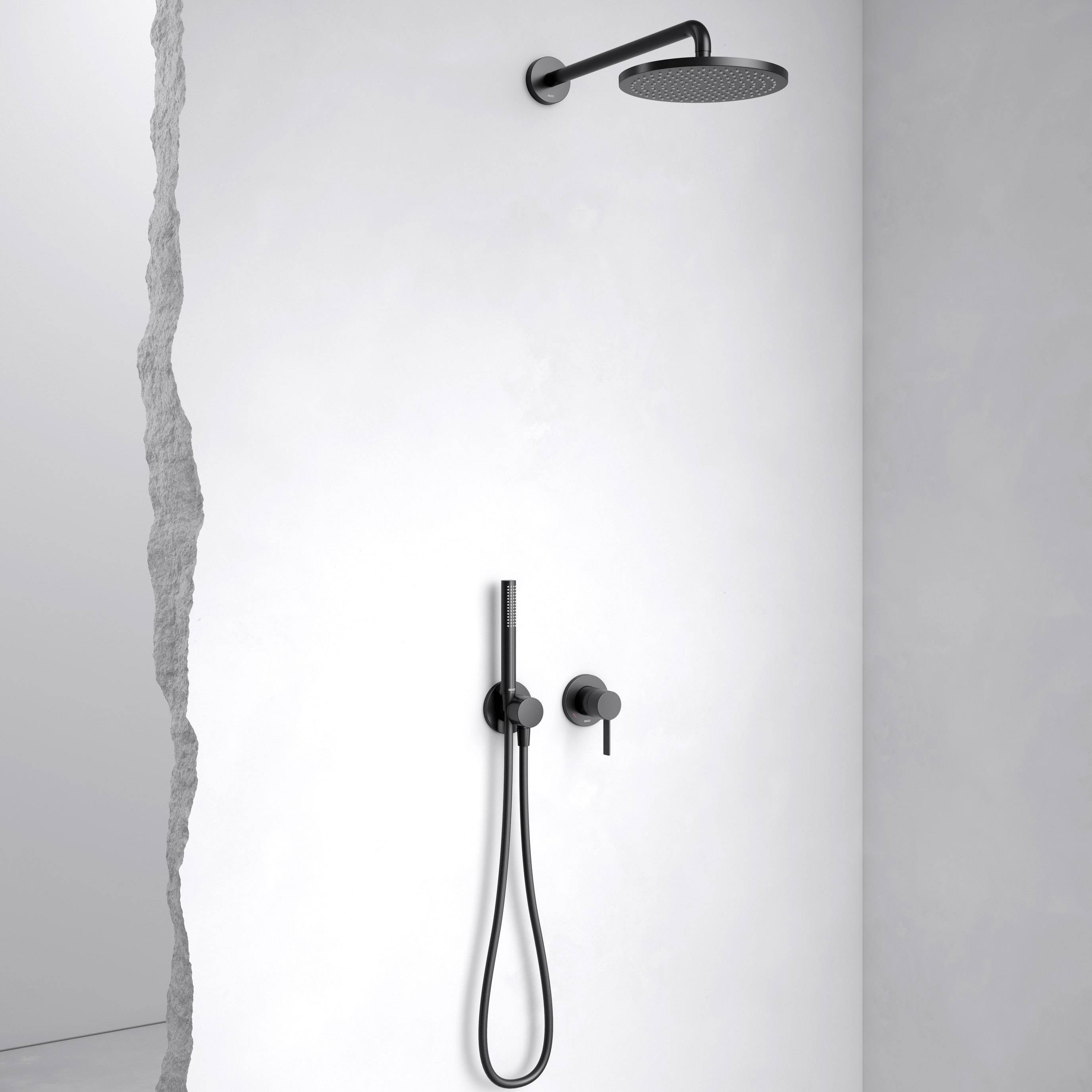 IXMO concealed shower system with single lever mixer, bar hand shower and overhead shower, round rosette