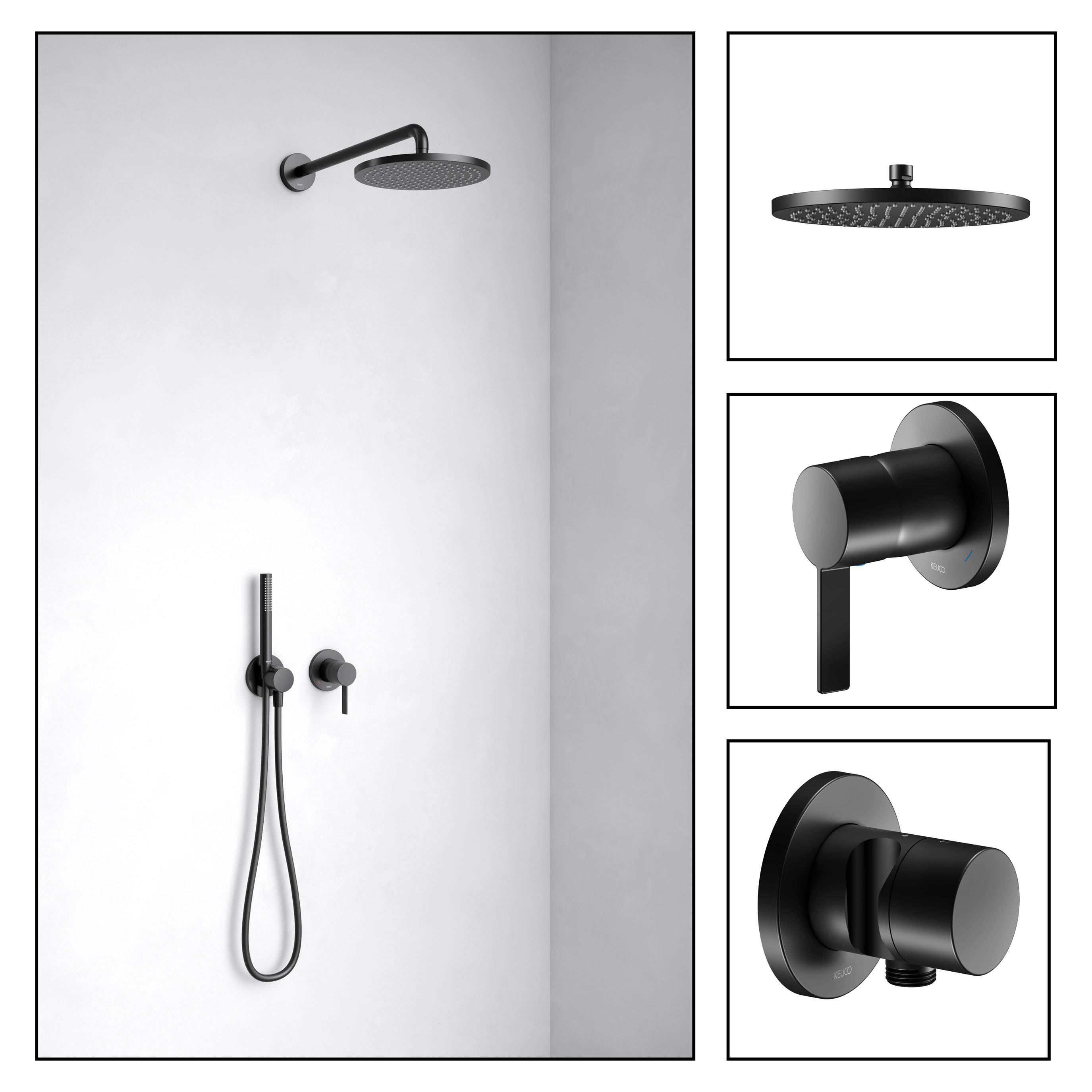 IXMO concealed shower system with single lever mixer, bar hand shower and overhead shower, round rosette