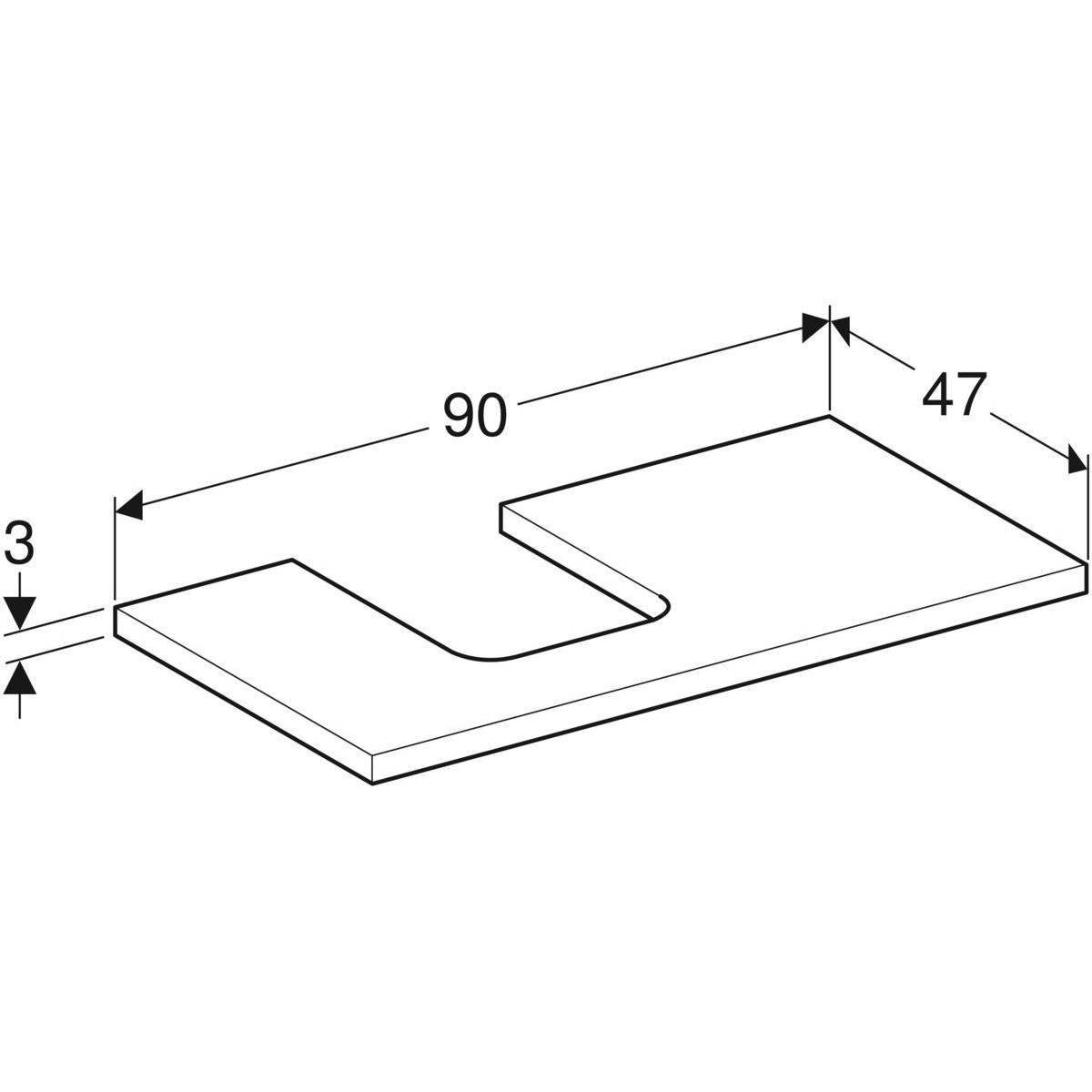 One Waschtischplatte Ausschnitt links, für Aufsatzwaschtisch Schalenform, 90cm