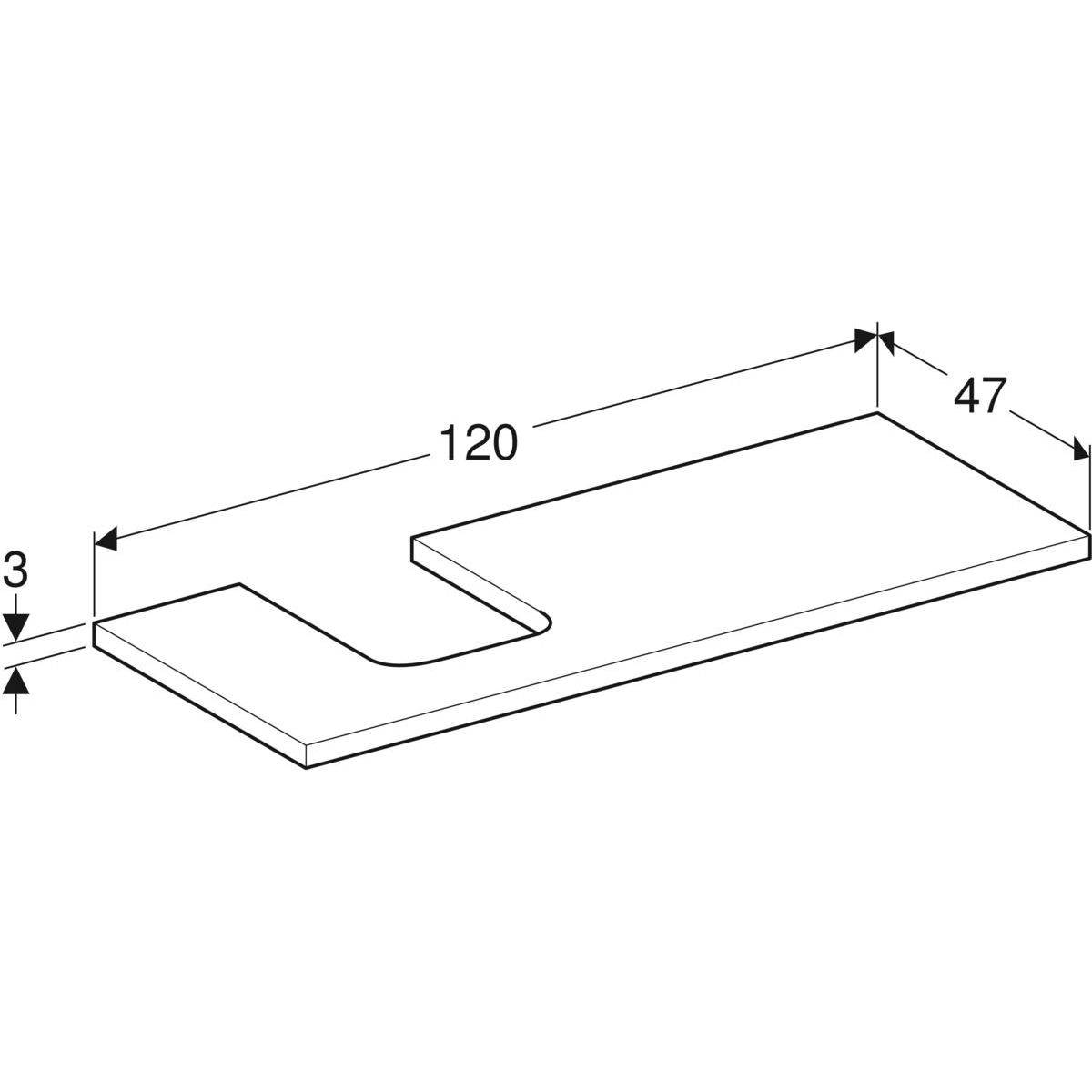 One washbasin plate cutout left, for countertop washbasin bowl shape, 120cm