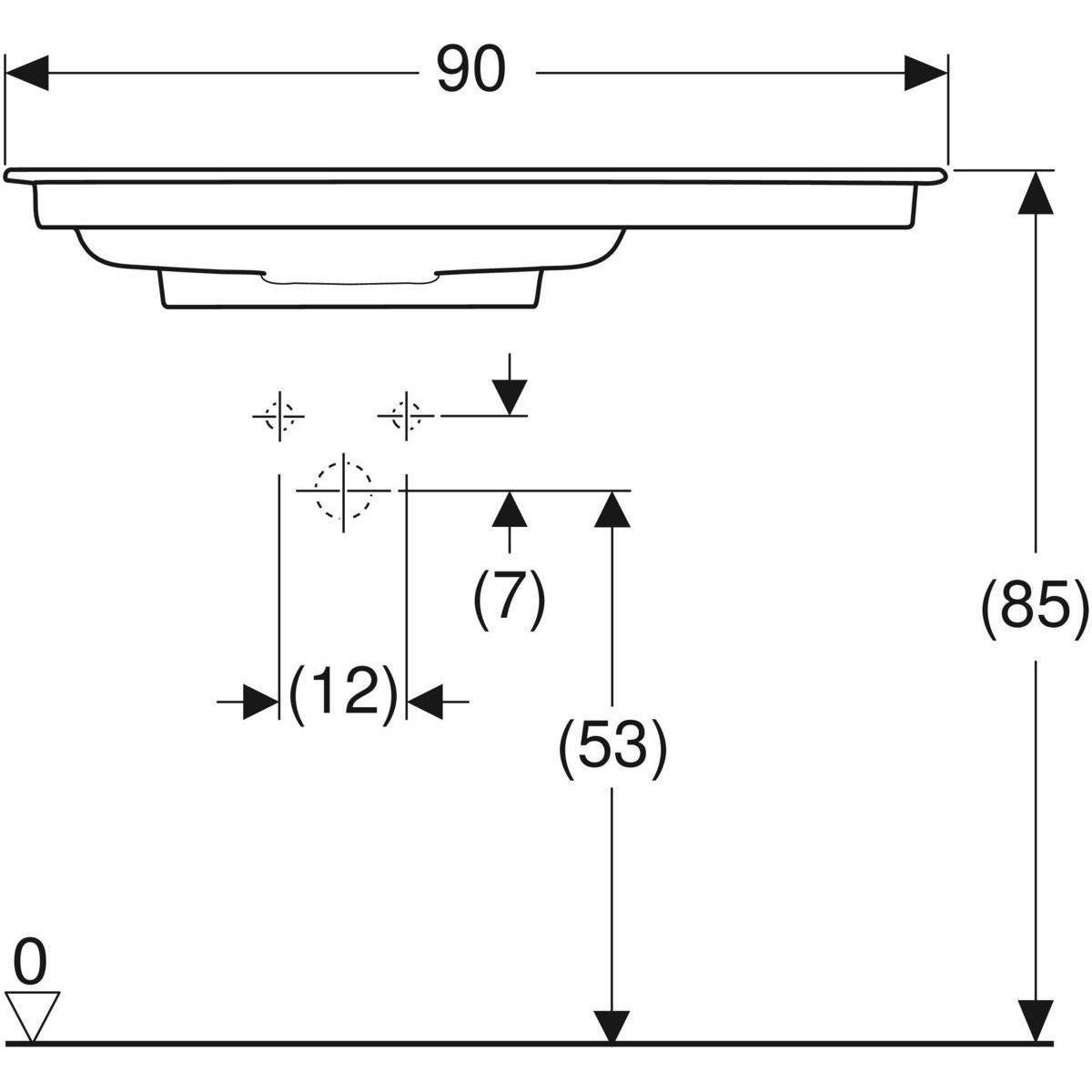 One furniture washbasin 90cm, horizontal outlet, with tap hole, without overflow, shelf on the right side