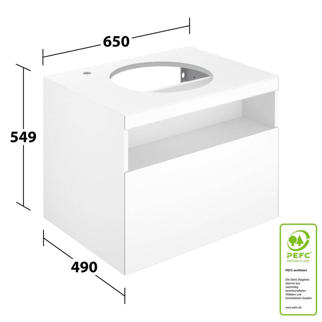 Stageline vanity base (with tap hole) for ceramic countertop washbasin, 650mm