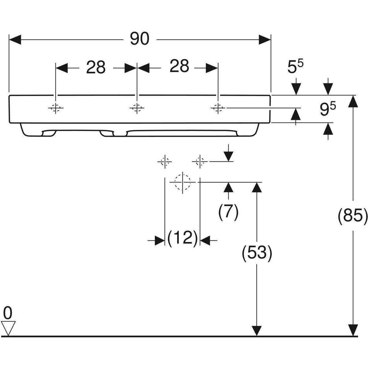 One washbasin 90cm, outlet horizontal, with tap hole, without overflow, shelf left