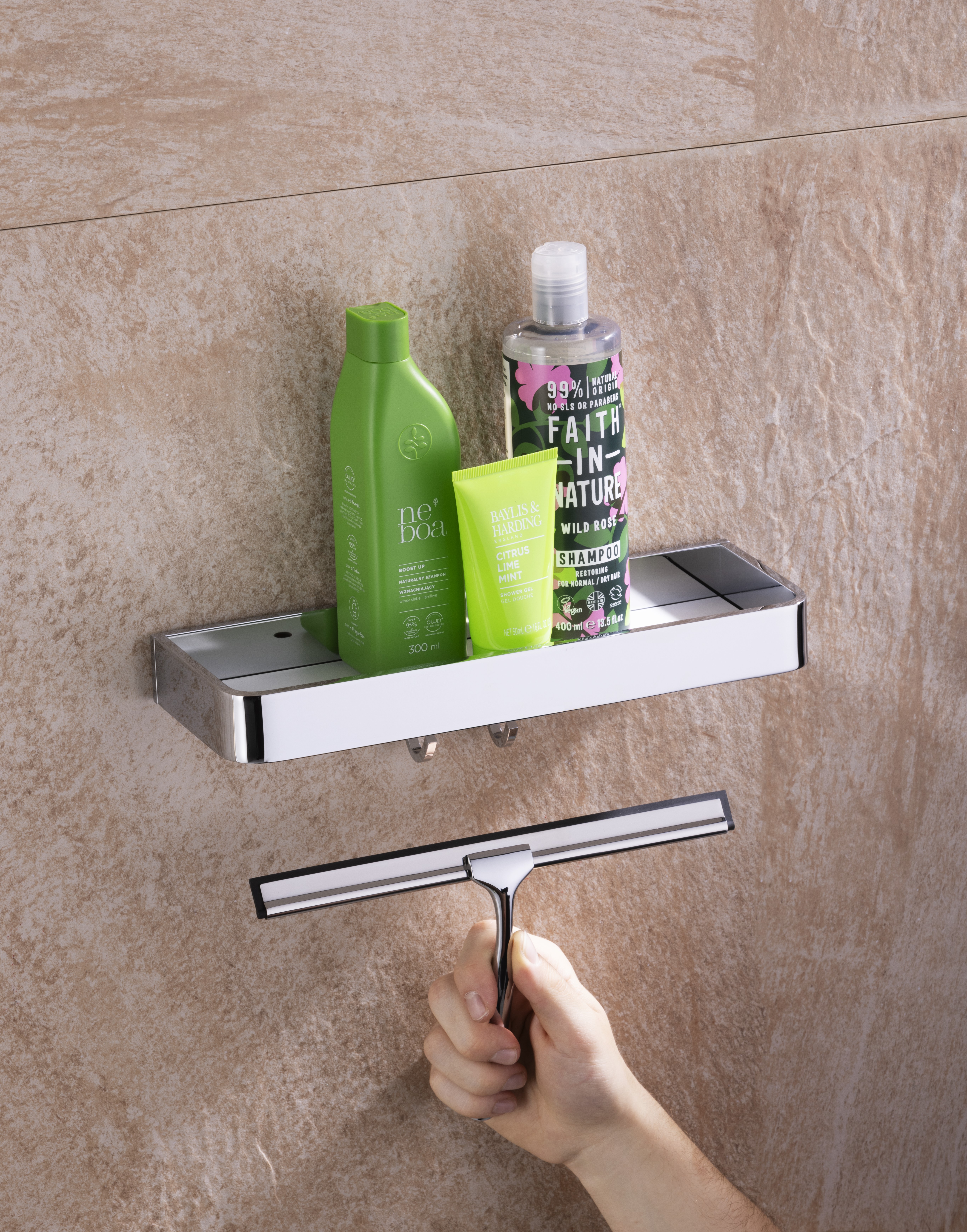 Shower console with high railing and glass squeegee