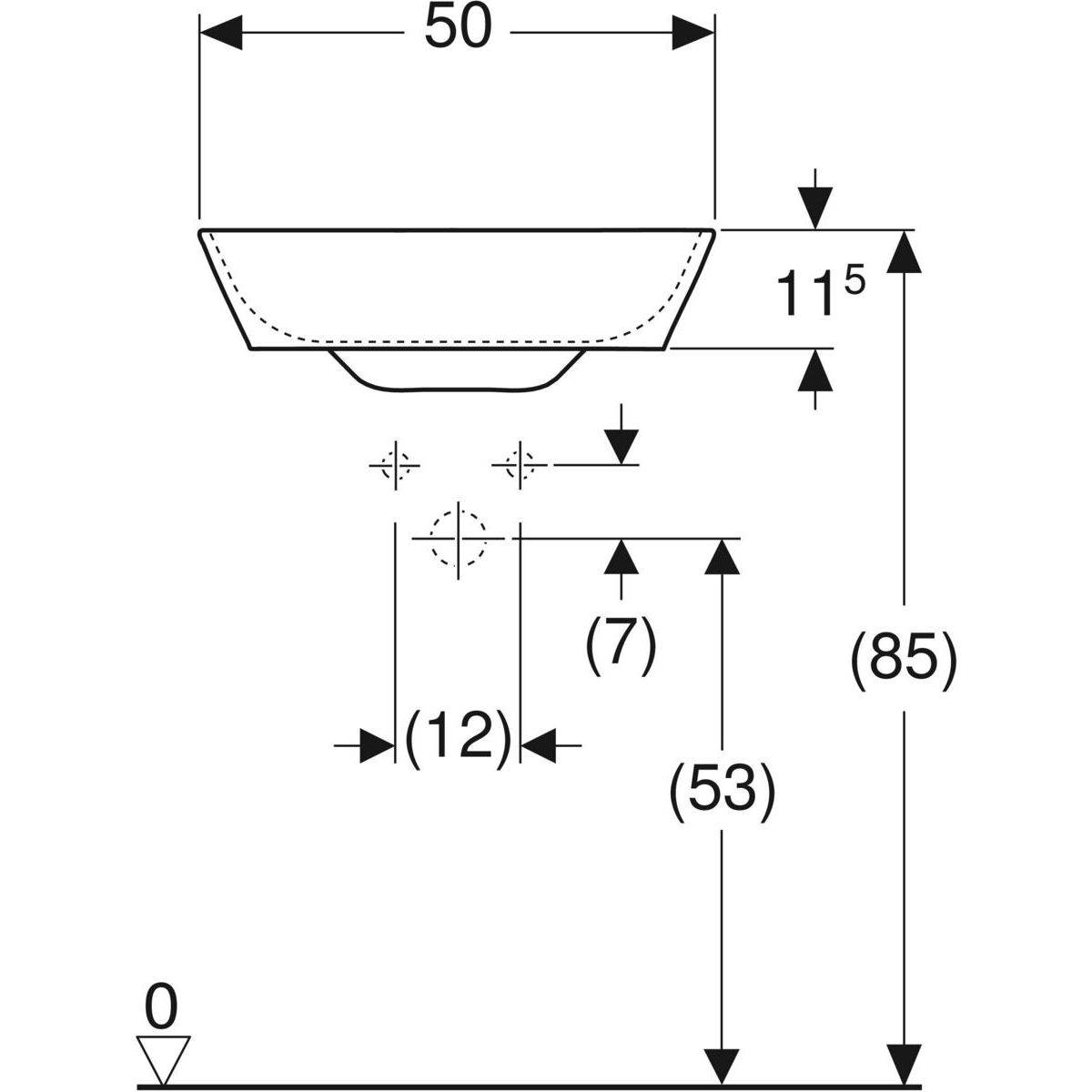 One countertop washbasin bowl shape outlet horizontal, 50cm