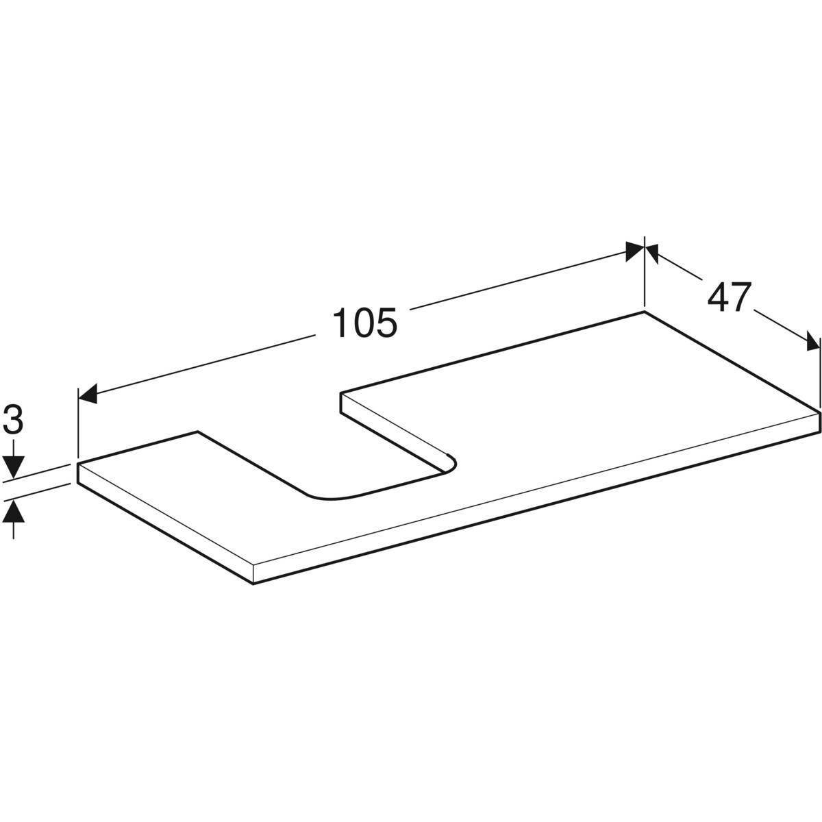 One Waschtischplatte Ausschnitt links, für Aufsatzwaschtisch Schalenform, 105cm