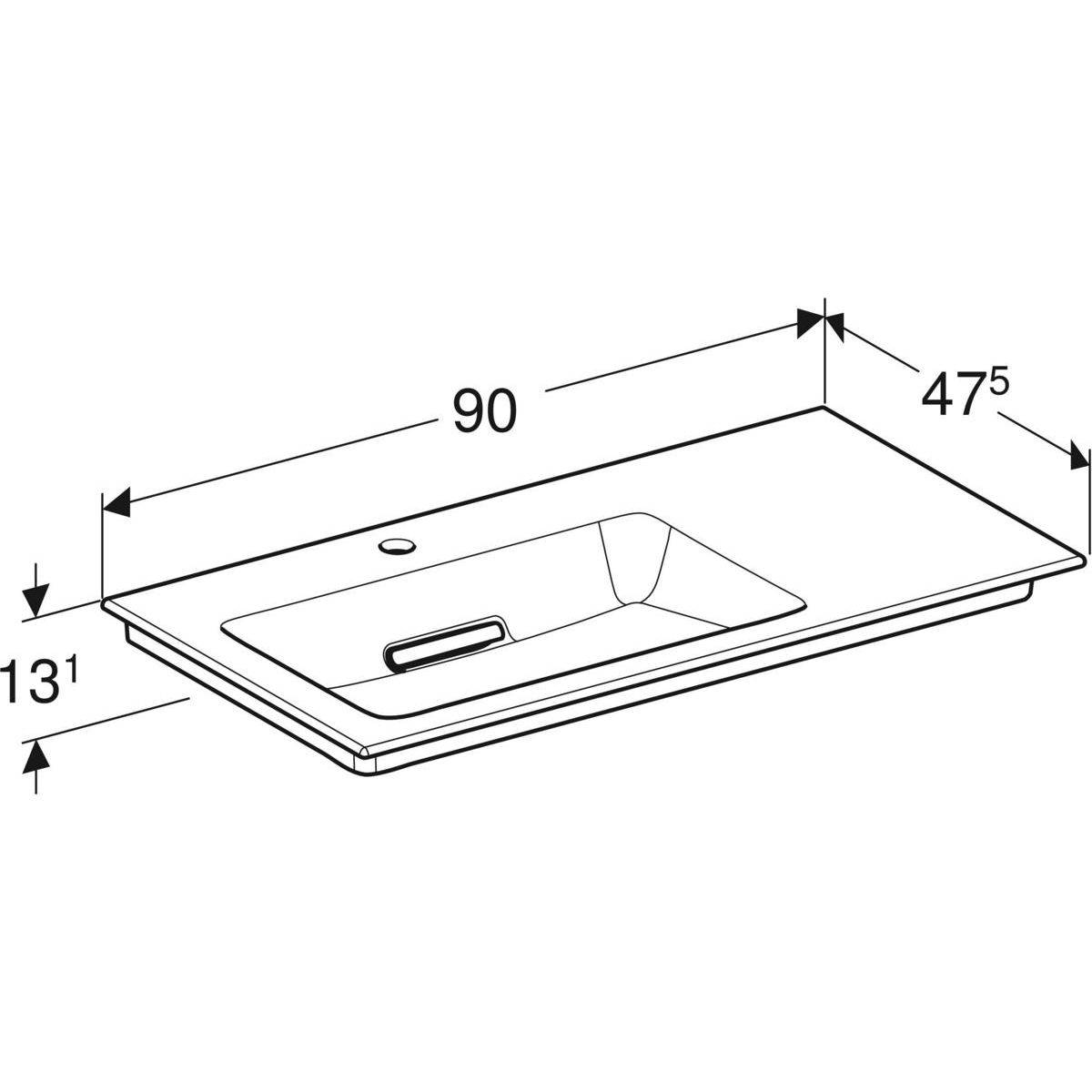 One furniture washbasin 90cm, horizontal outlet, with tap hole, without overflow, shelf on the right side