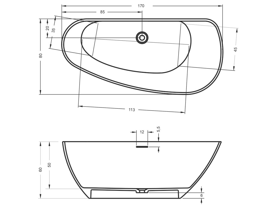 Granada Solid Surface freestanding bathtub 170 x 80cm, left version