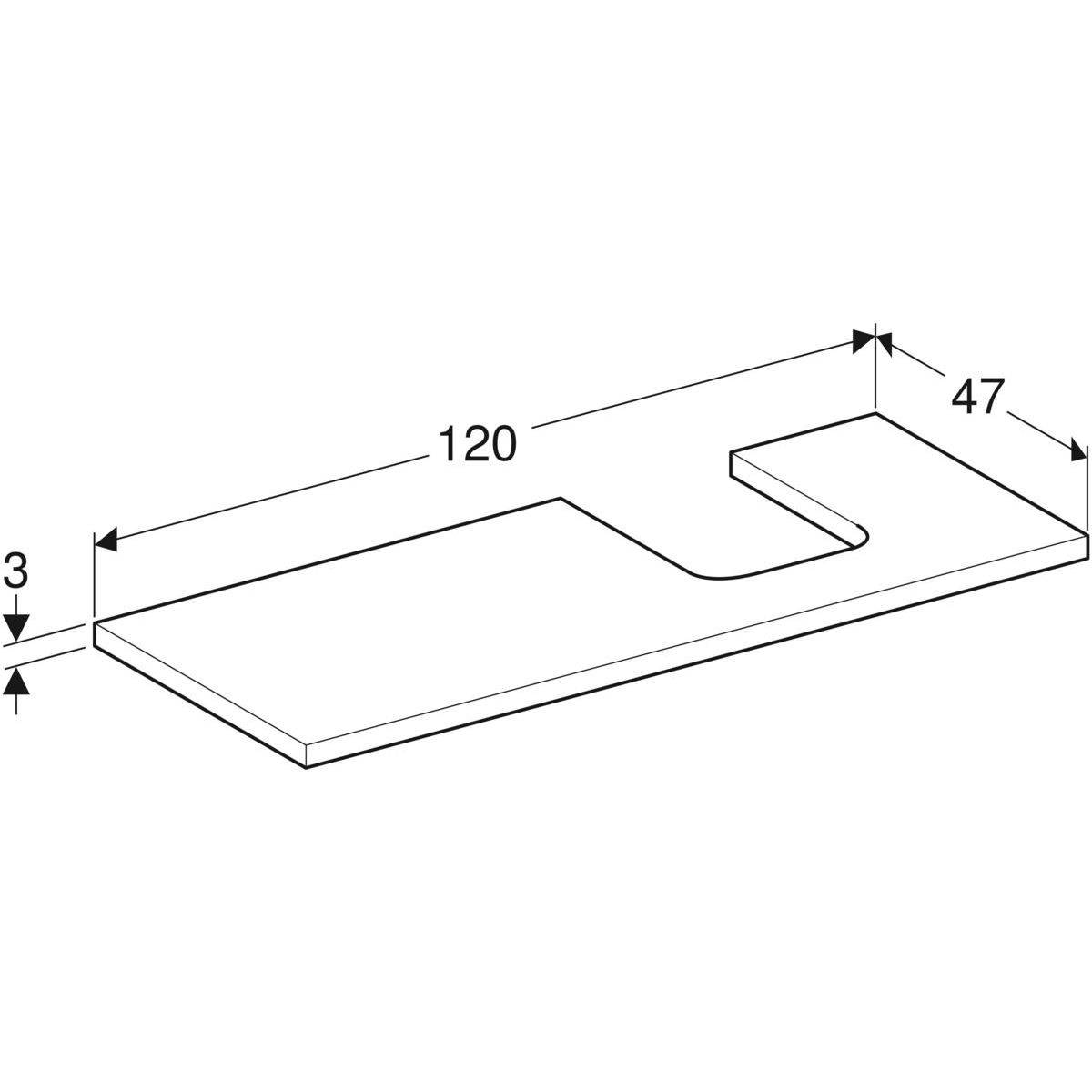 One washbasin plate cutout right, for countertop washbasin bowl shape, 120cm