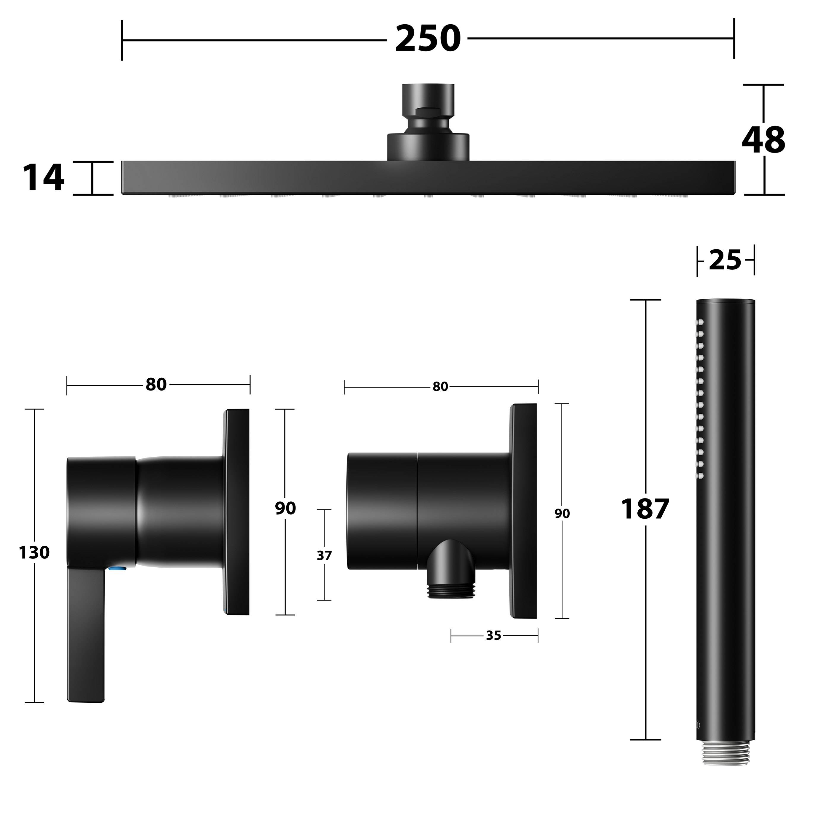 IXMO concealed shower system with single lever mixer, bar hand shower and overhead shower, square rosette