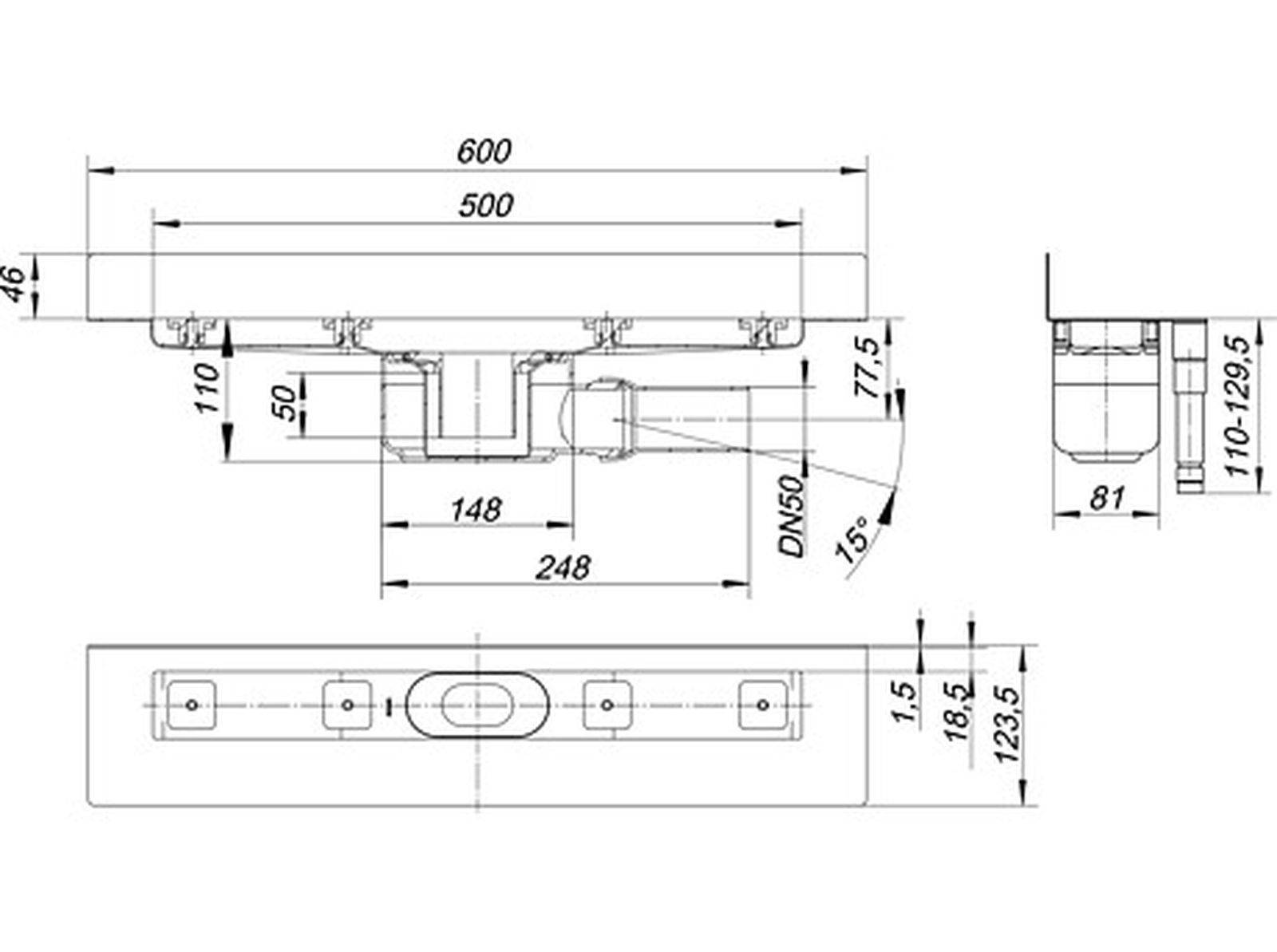 Shower channel CeraLine W 500 mm, DN 50