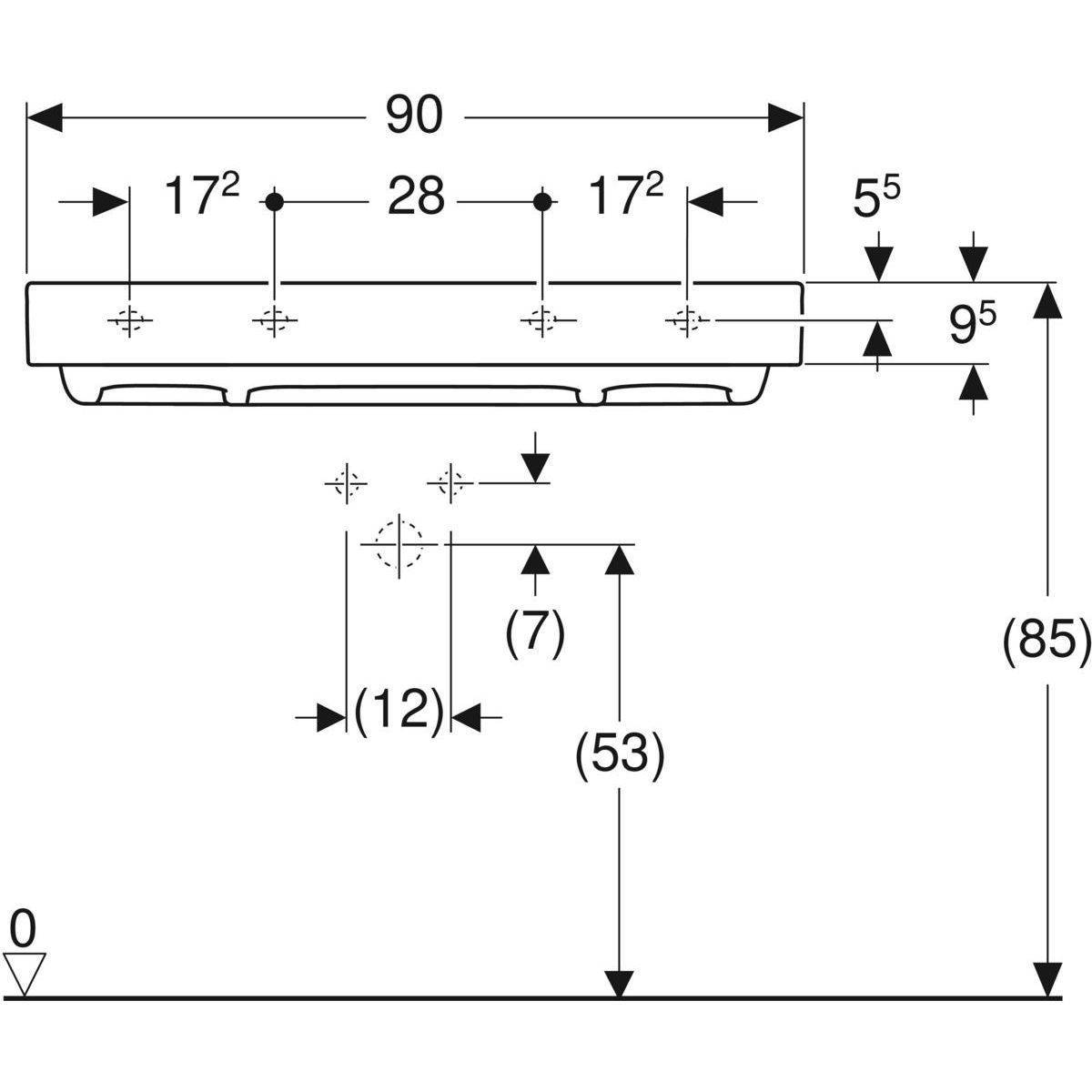 One washbasin 90cm, horizontal outlet, with tap hole, without overflow