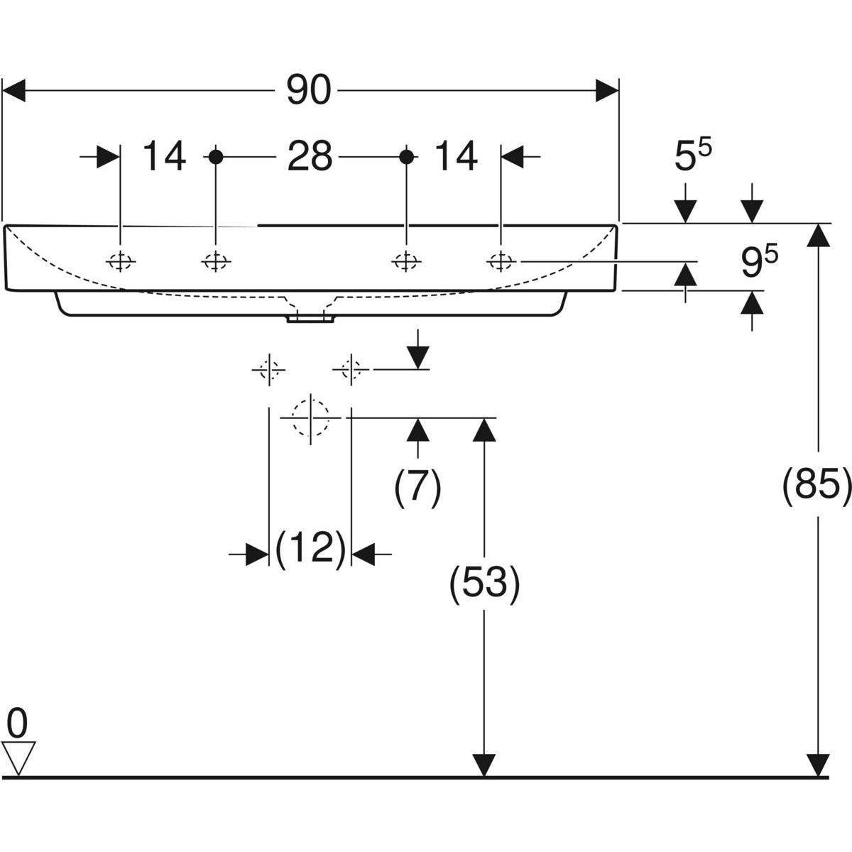 One washbasin 90cm, outlet vertical, with tap hole, without overflow