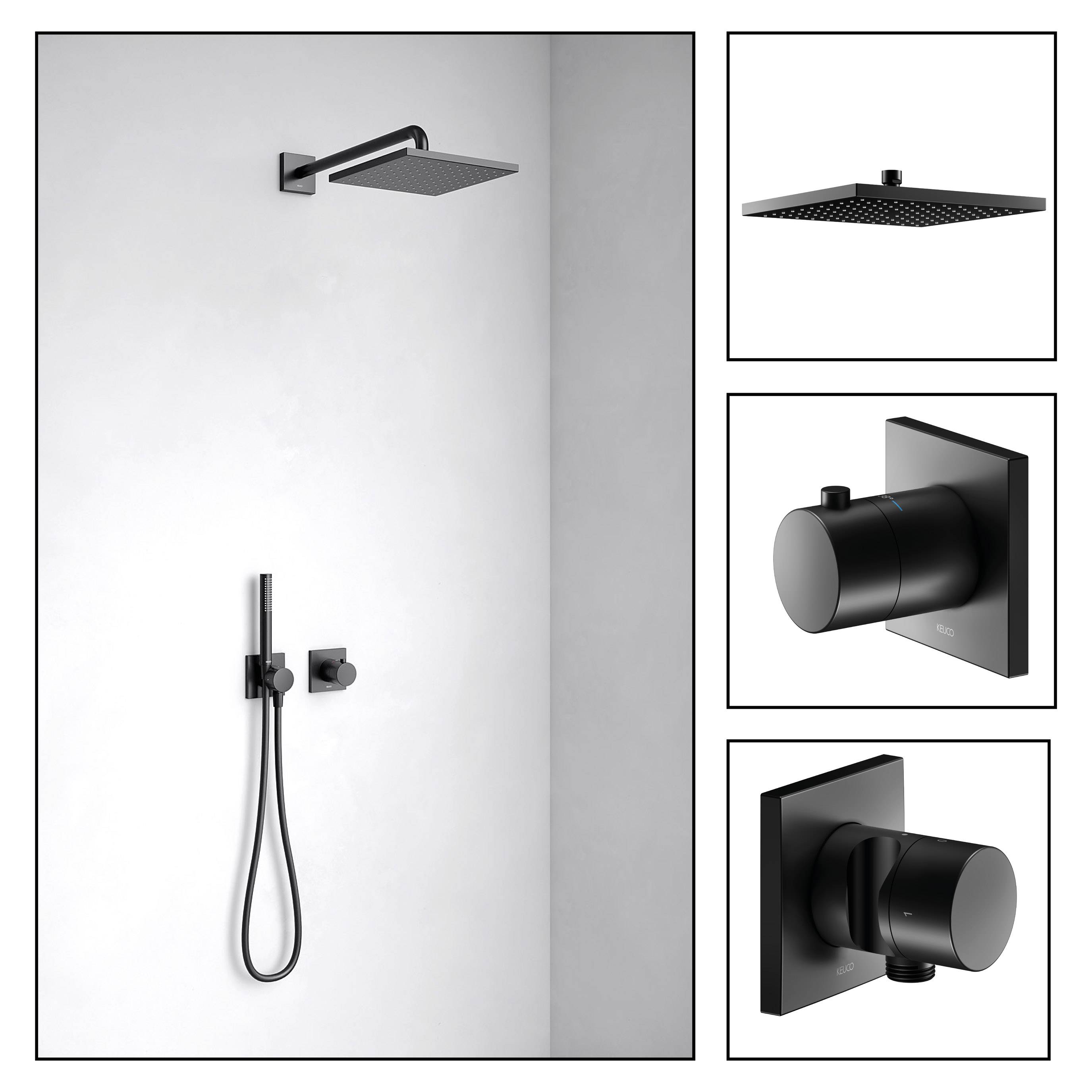 IXMO concealed shower system with thermostat, bar hand shower and overhead shower, square rosette