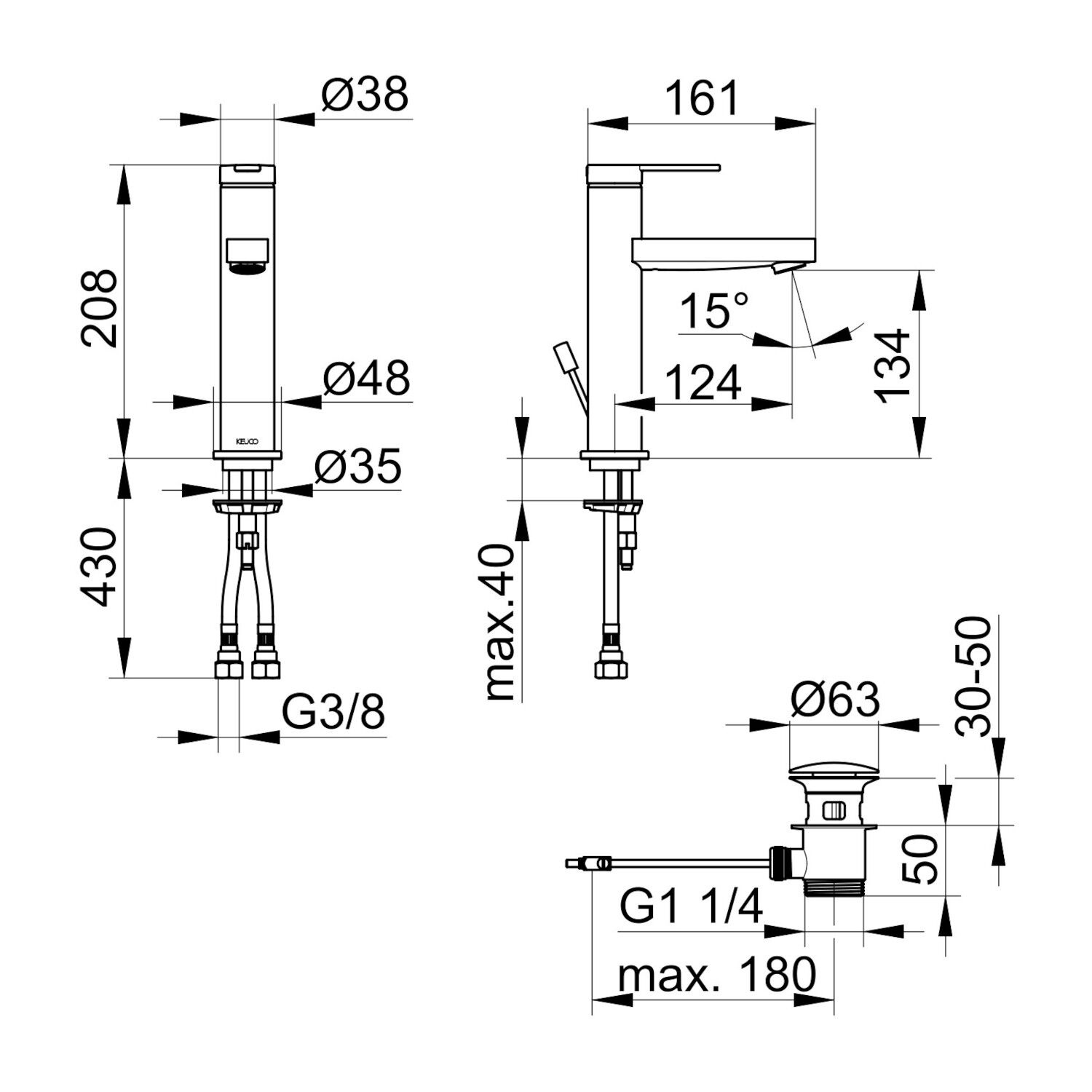 IXMO Flat single-lever basin mixer 130 with pop-up waste