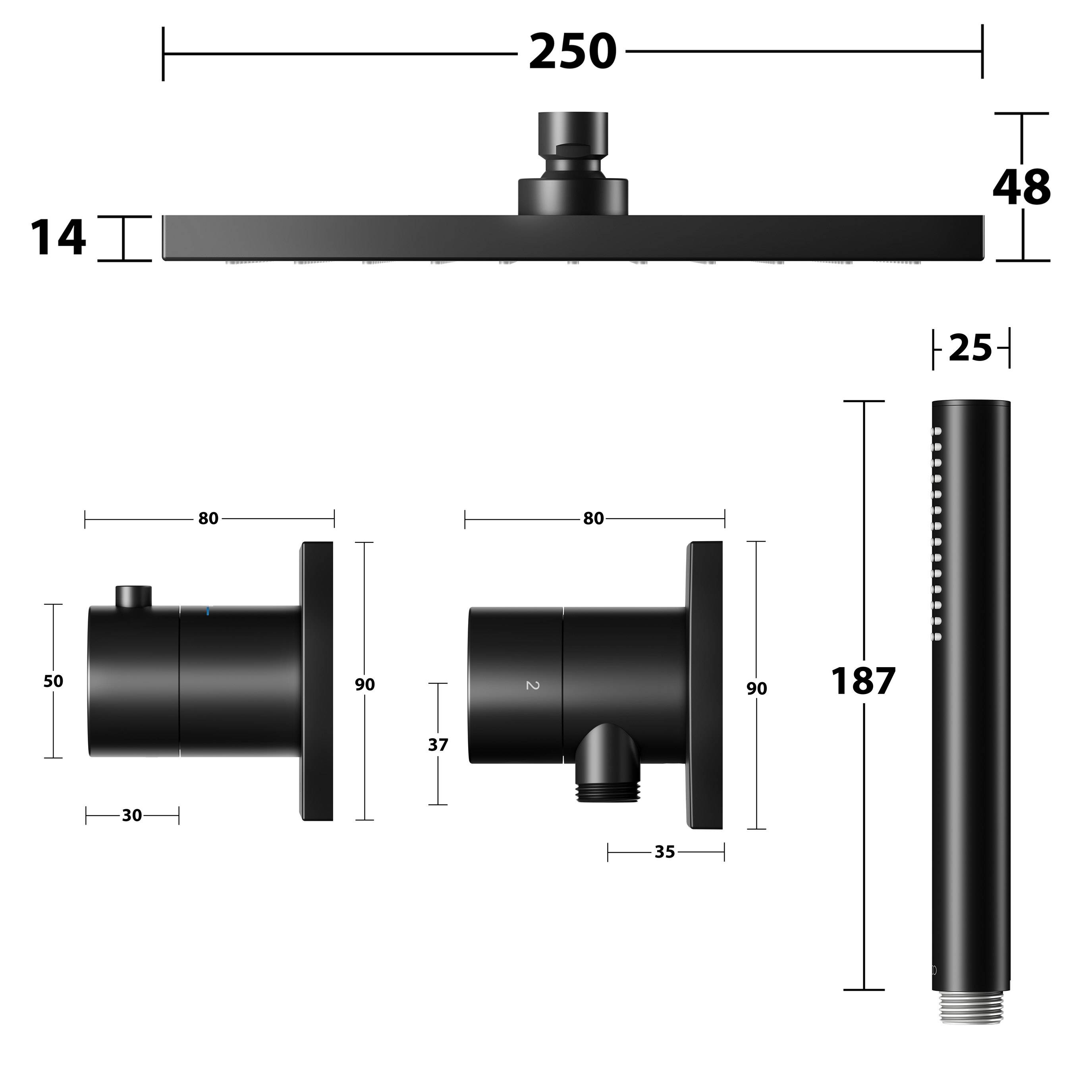 IXMO concealed shower system with thermostat, bar hand shower and overhead shower, square rosette