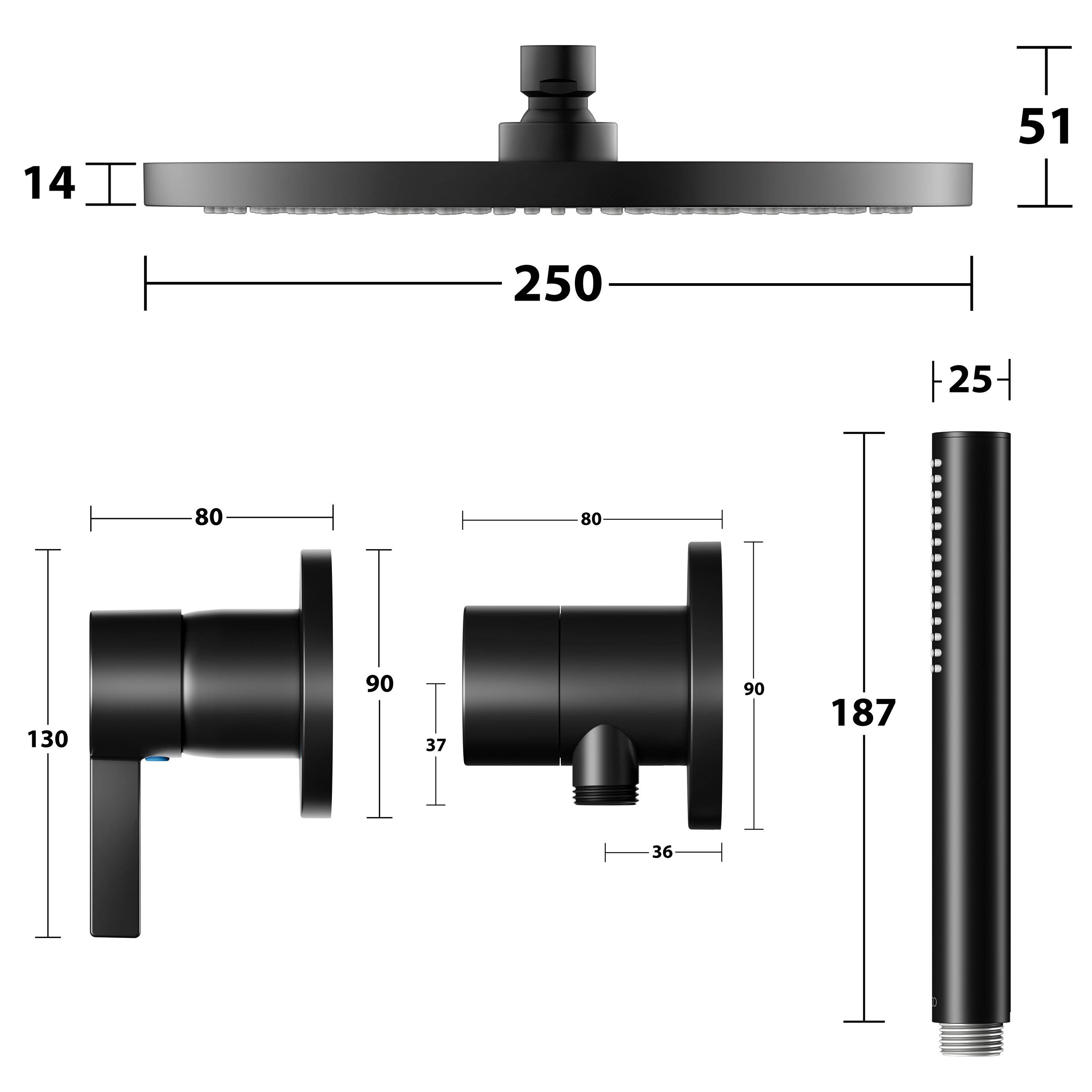 IXMO concealed shower system with single lever mixer, bar hand shower and overhead shower, round rosette