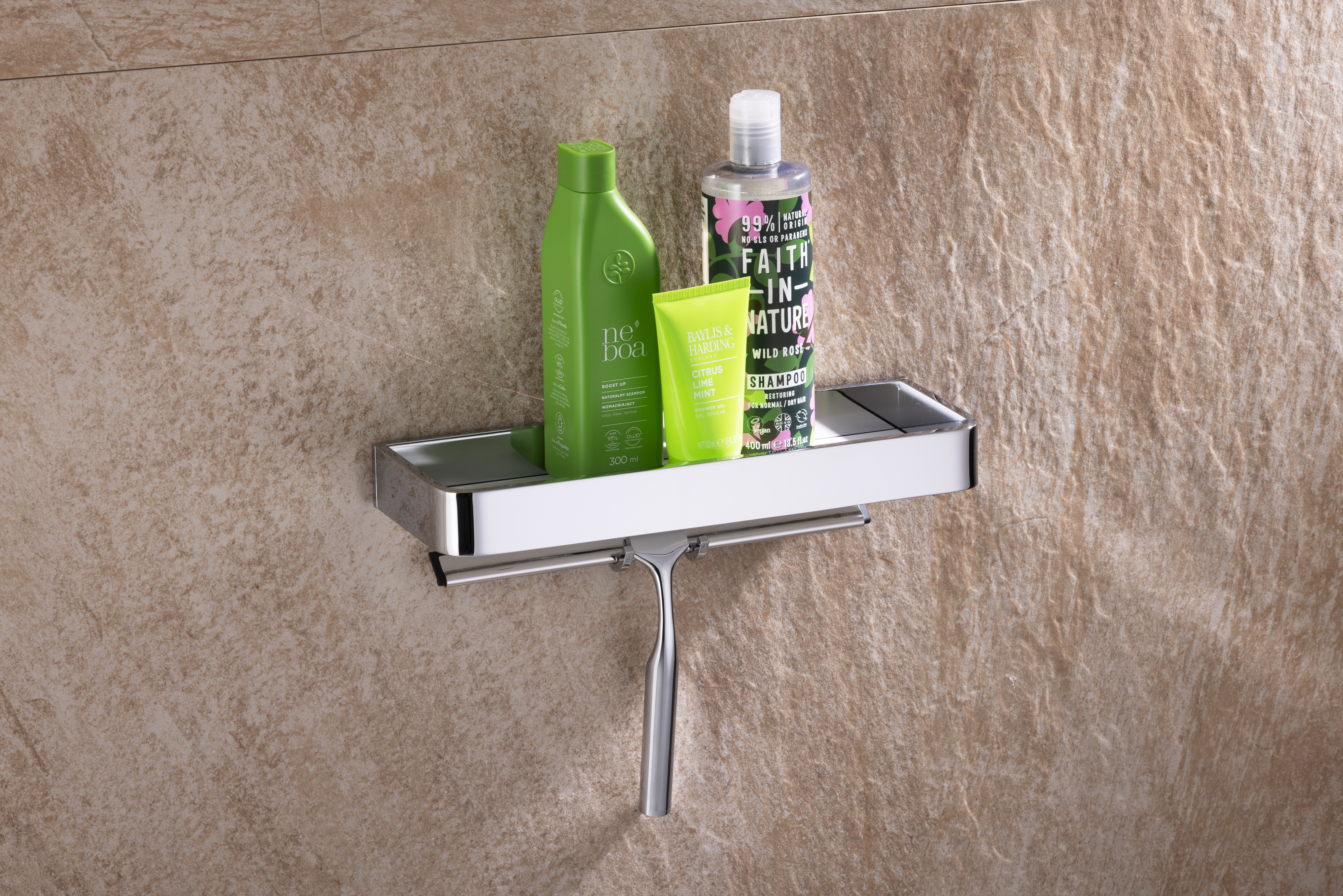 Shower console with high railing and glass squeegee