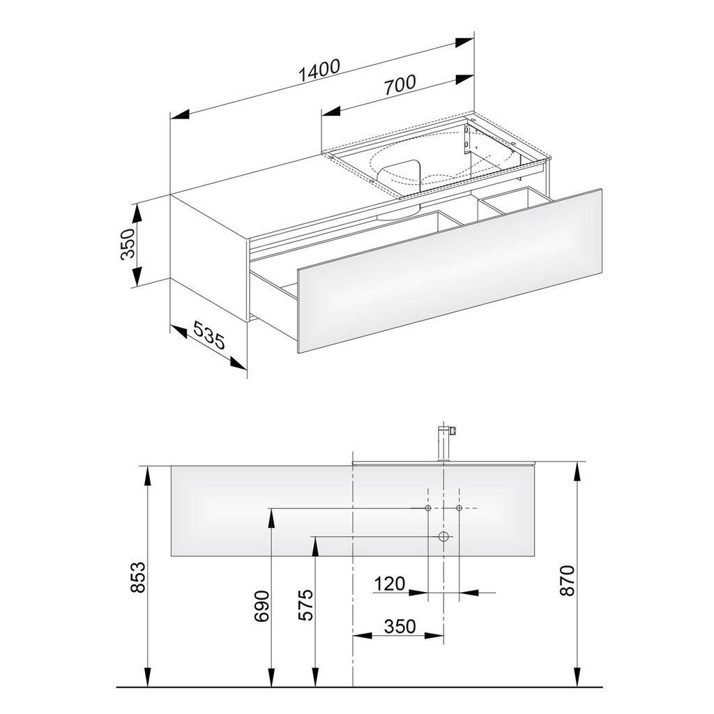 Edition 11 vanity unit, 1400 x 350 x 535mm, 1 front pull-out